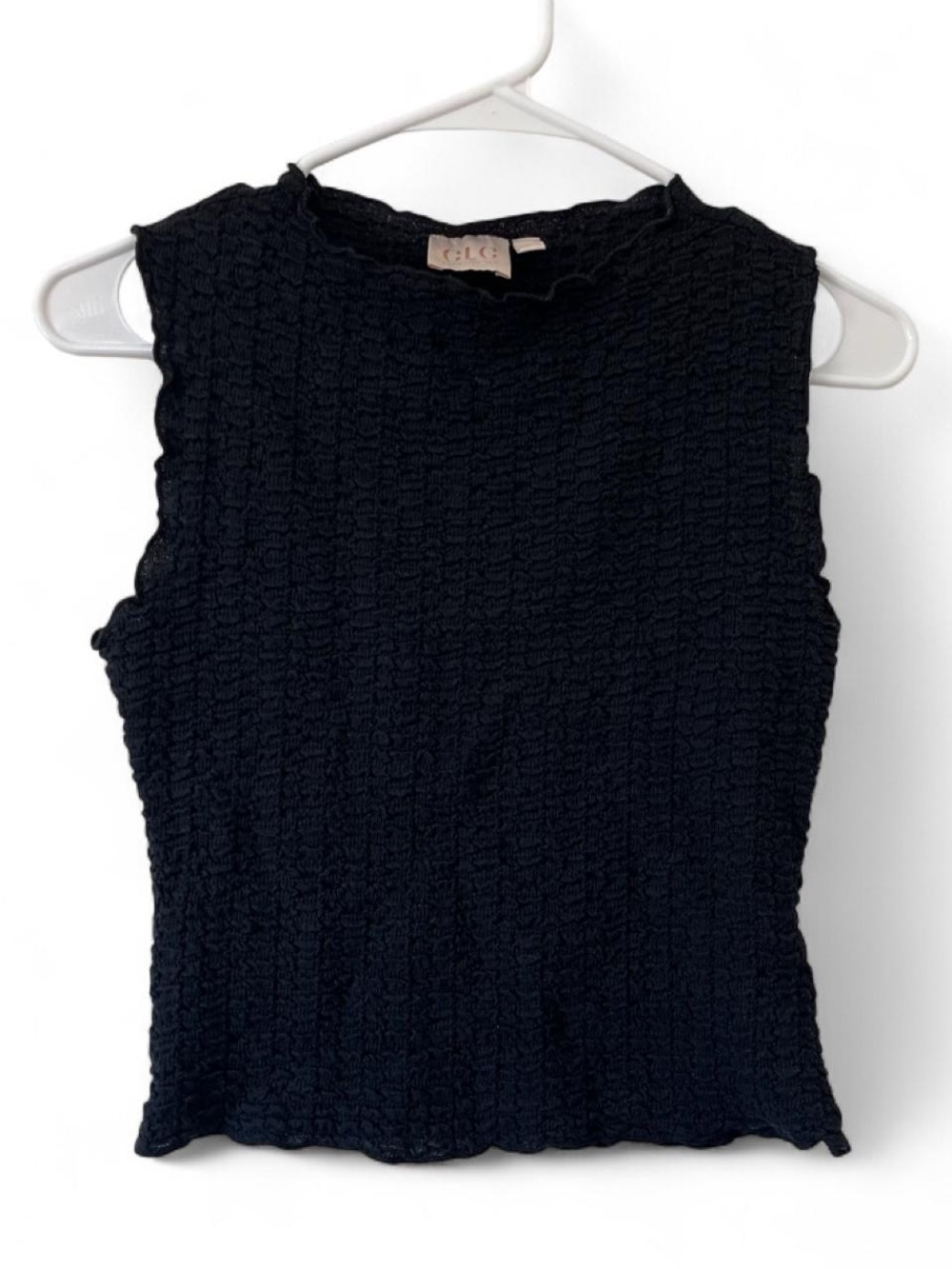 Women’s Small Black Sleeveless Tank Blouse Crinkle Smocked Stretch High Neck EUC